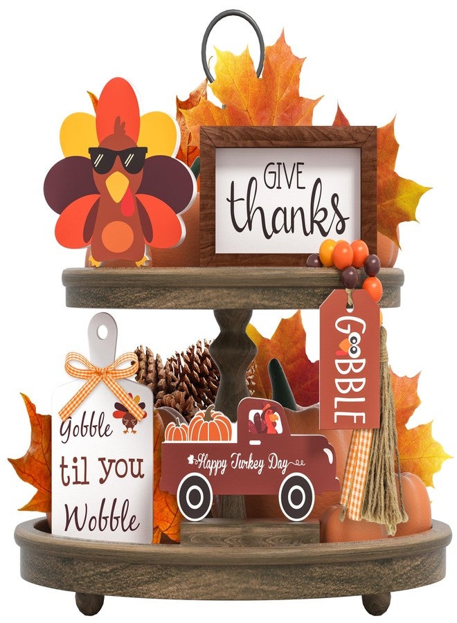 Tovwei Thanksgiving Tiered Tray Decor - Give Thanks Turkey Wooden Signs Bead Garland Table Signs Farmhouse Decorations for Thanksgiving Party Home Kitchen Office - Image 1